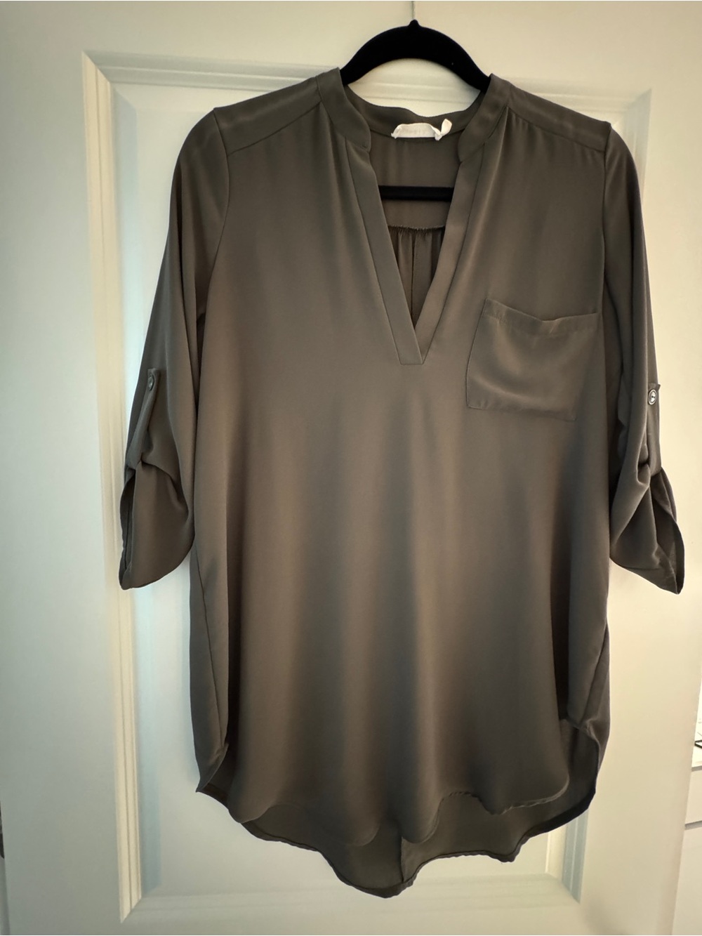 Lush Olive V-Neck Roll-Tab Blouse